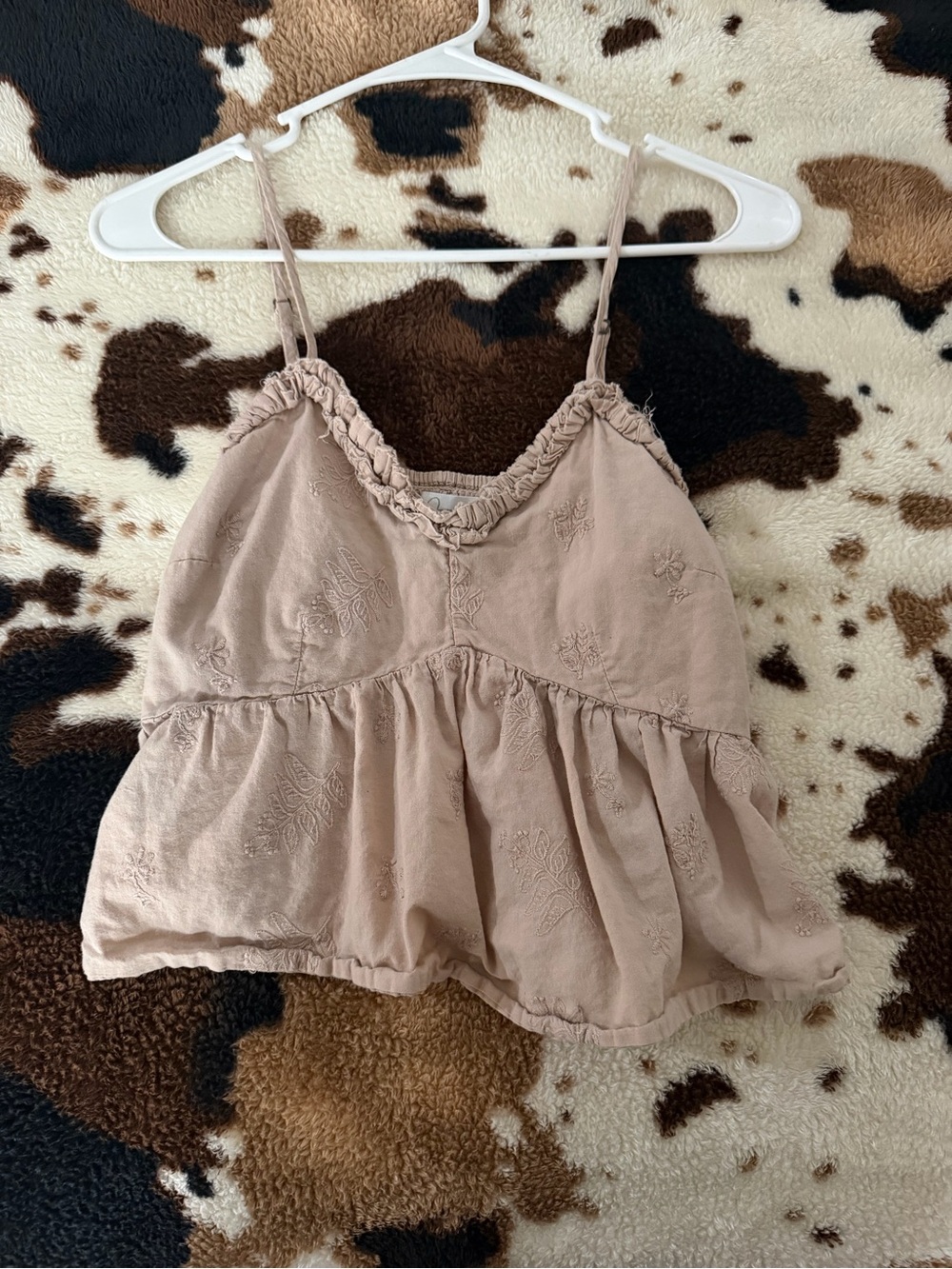 Women's Beige Ruffle-Trim Embroidered Tank Top